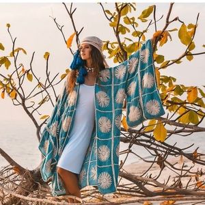 Flora handmade crochet Embroidered maxi Kimnono Duster resort vacation plus size